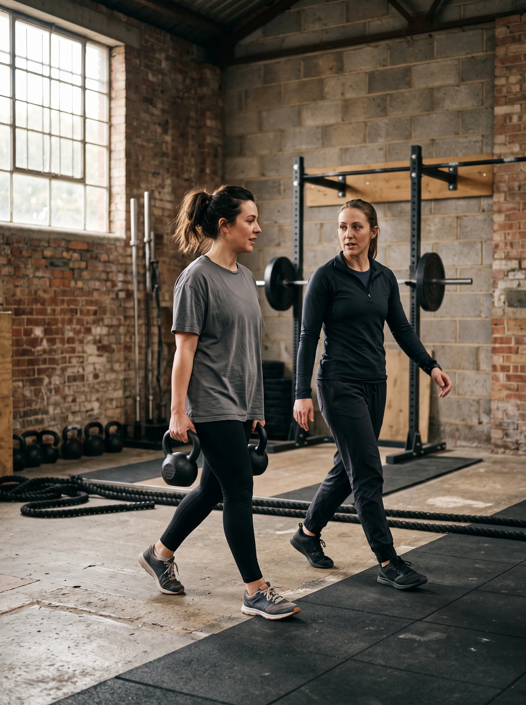 Priya walking the length of the studio with a kettlebell in one hand, talking to Ailsa who walks beside her