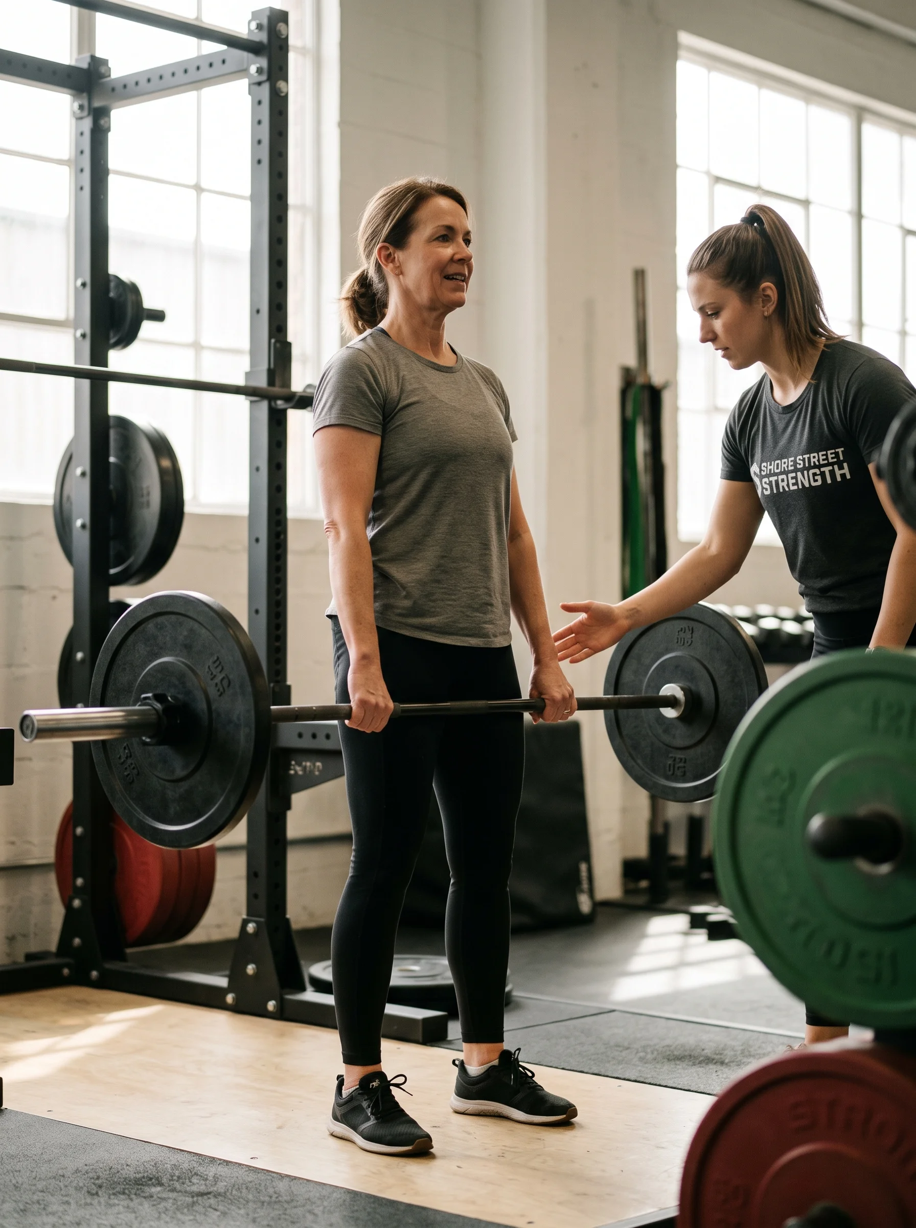 Ailsa standing close beside a client at the top of a deadlift, one hand open near the bar, watching her back