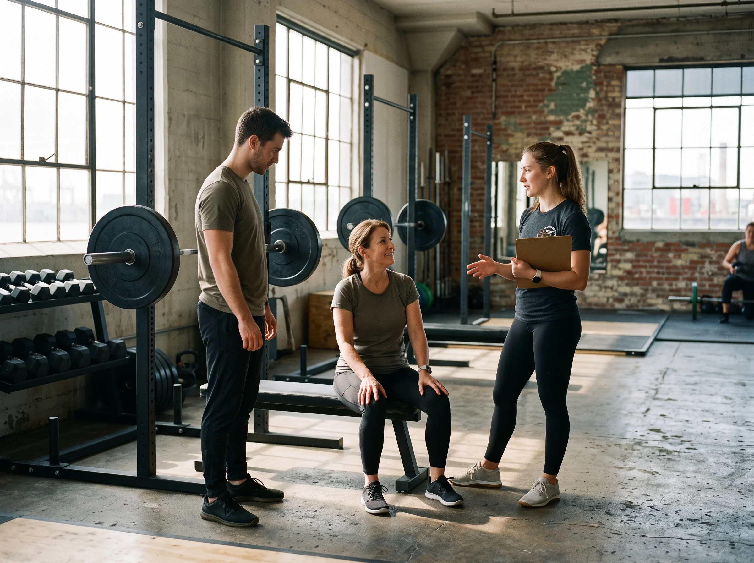 Ailsa and Rory in the studio, talking with a client who is sitting on a bench between sets
