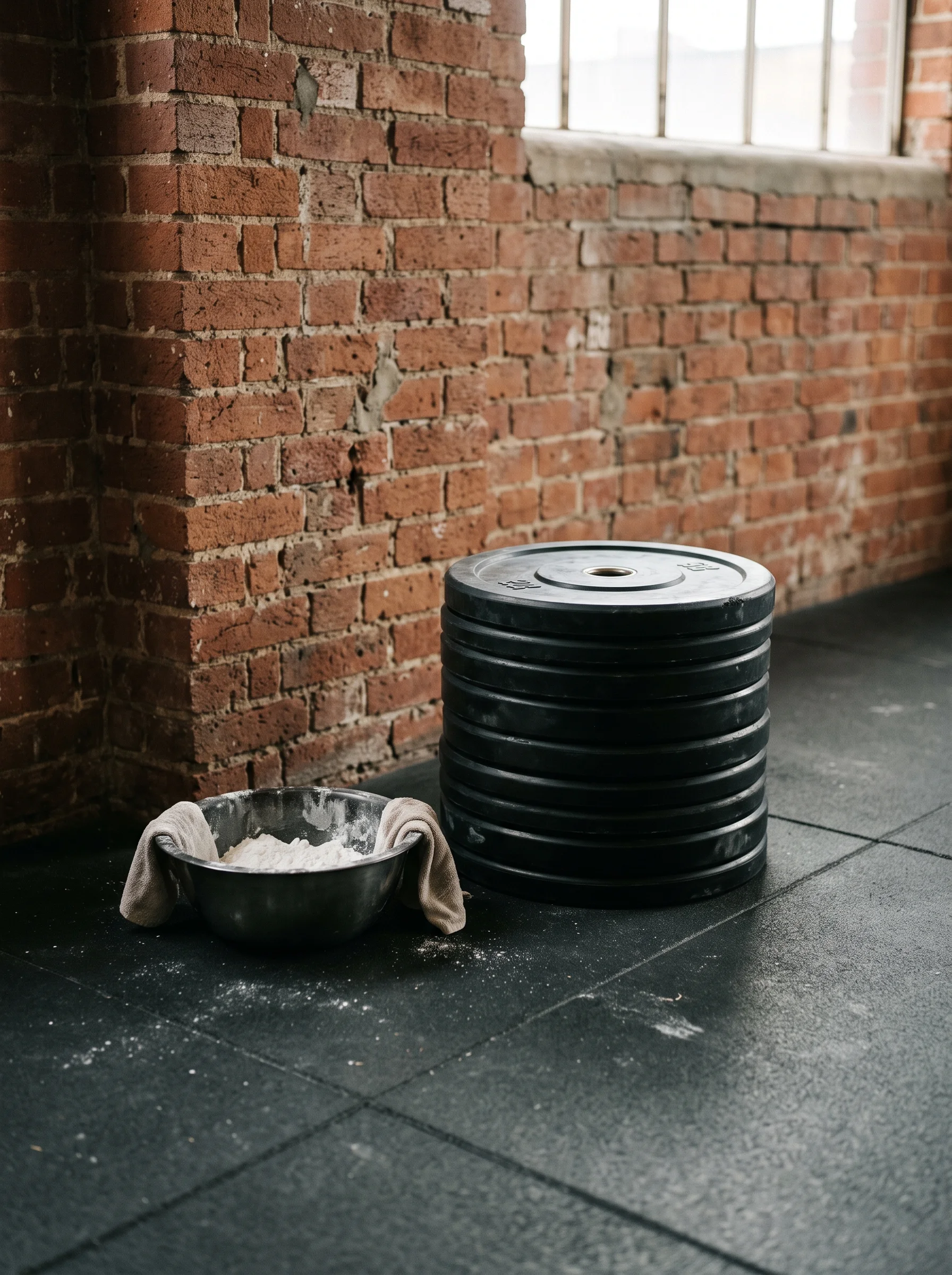 A stack of worn plates and a bowl of chalk on the rubber floor against the brick wall, in a strip of window light