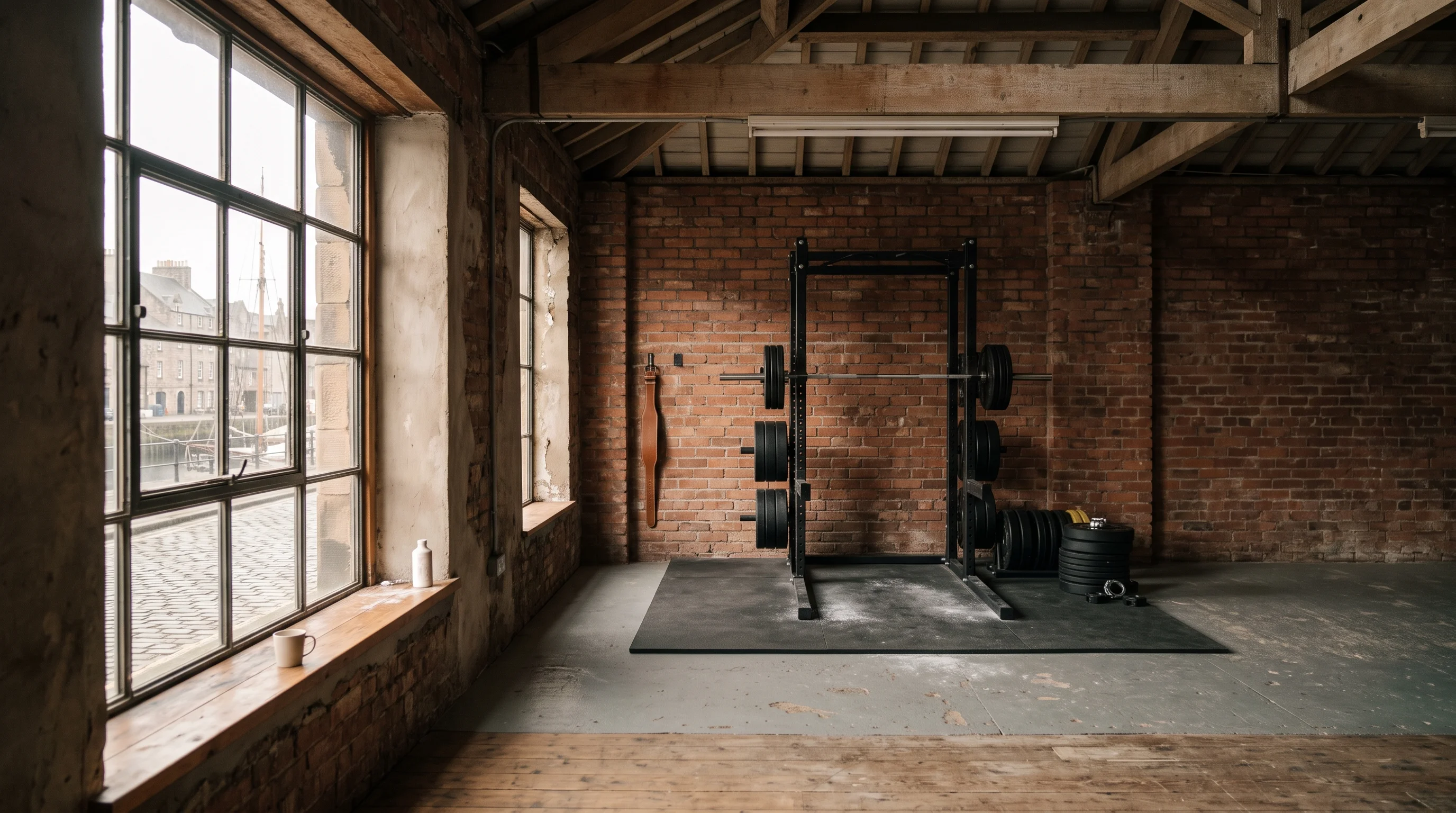 An interior shot of a brick warehouse gym featuring a squat rack with loaded weights, a weight belt on the wall, and a large window looking out onto a street.