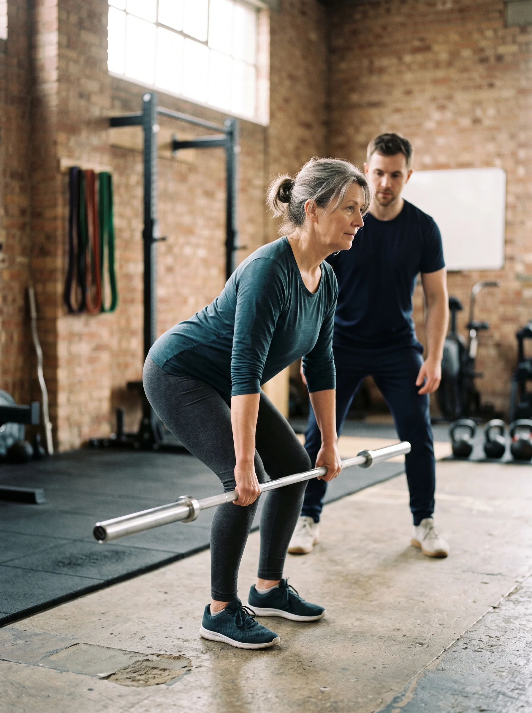Morag hinging forward with an empty barbell against her thighs, Ailsa beside her holding a flat hand near her back as a guide