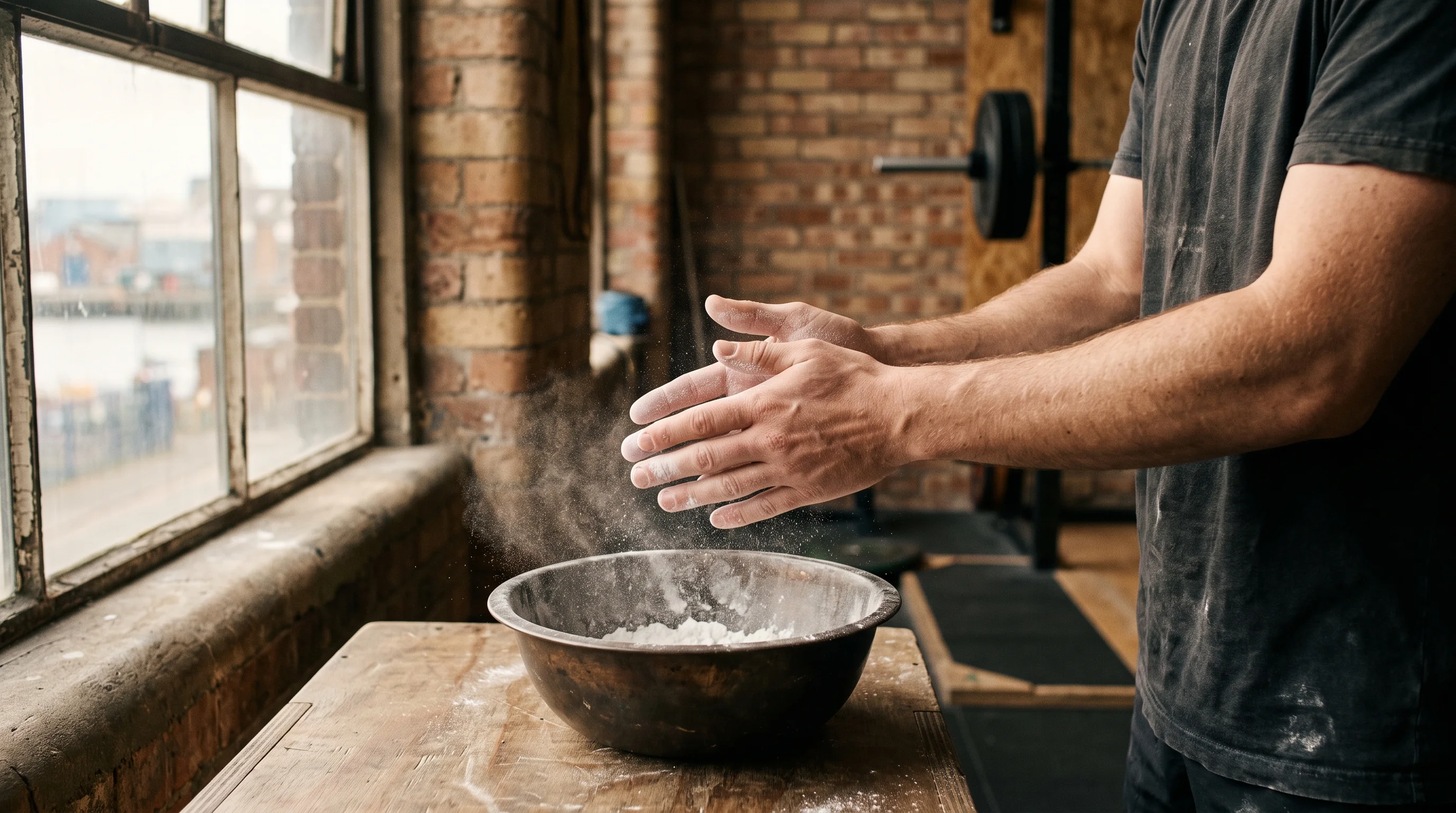 A pair of hands rubbing chalk together over a tin bowl in a shaft of window light