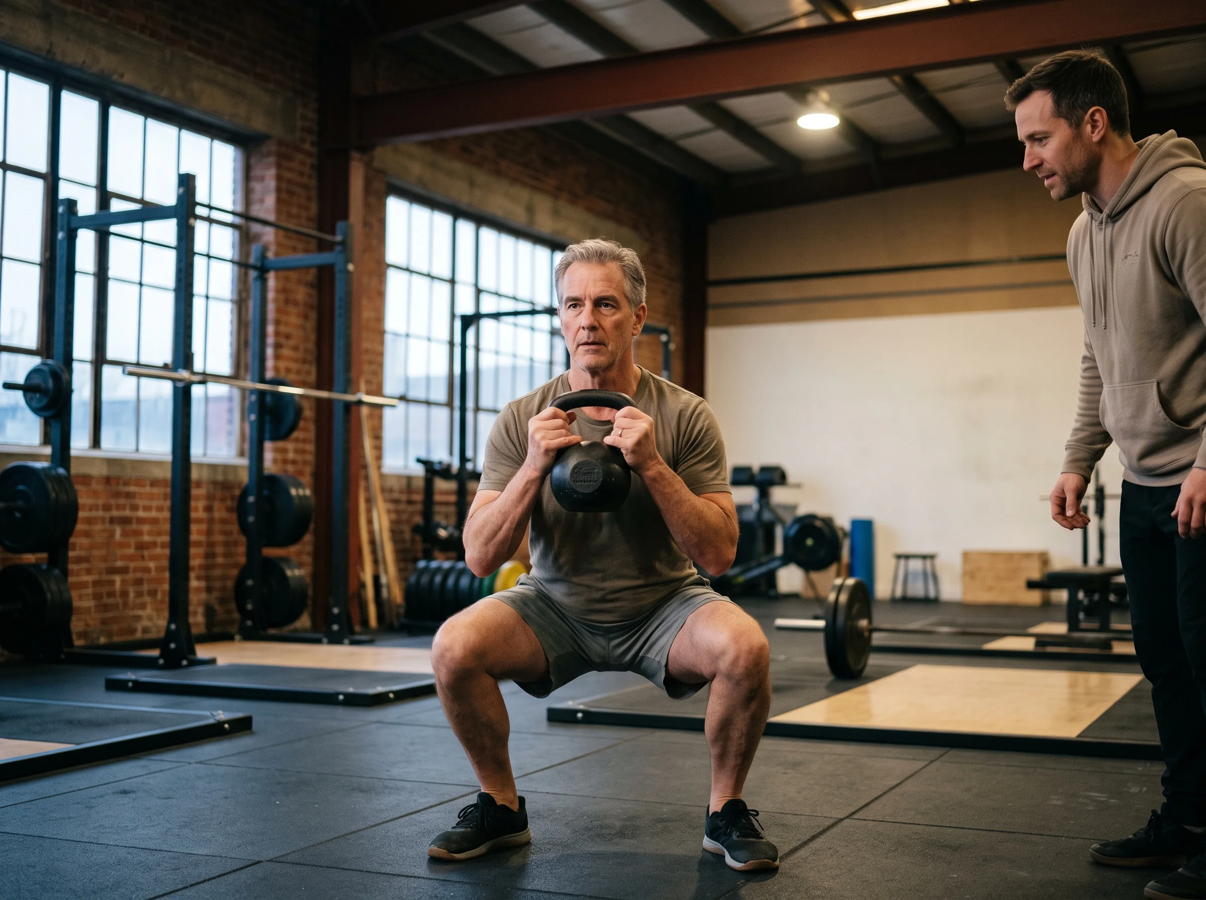 An older man doing a goblet squat with a kettlebell in a gym, with a male trainer watching him.