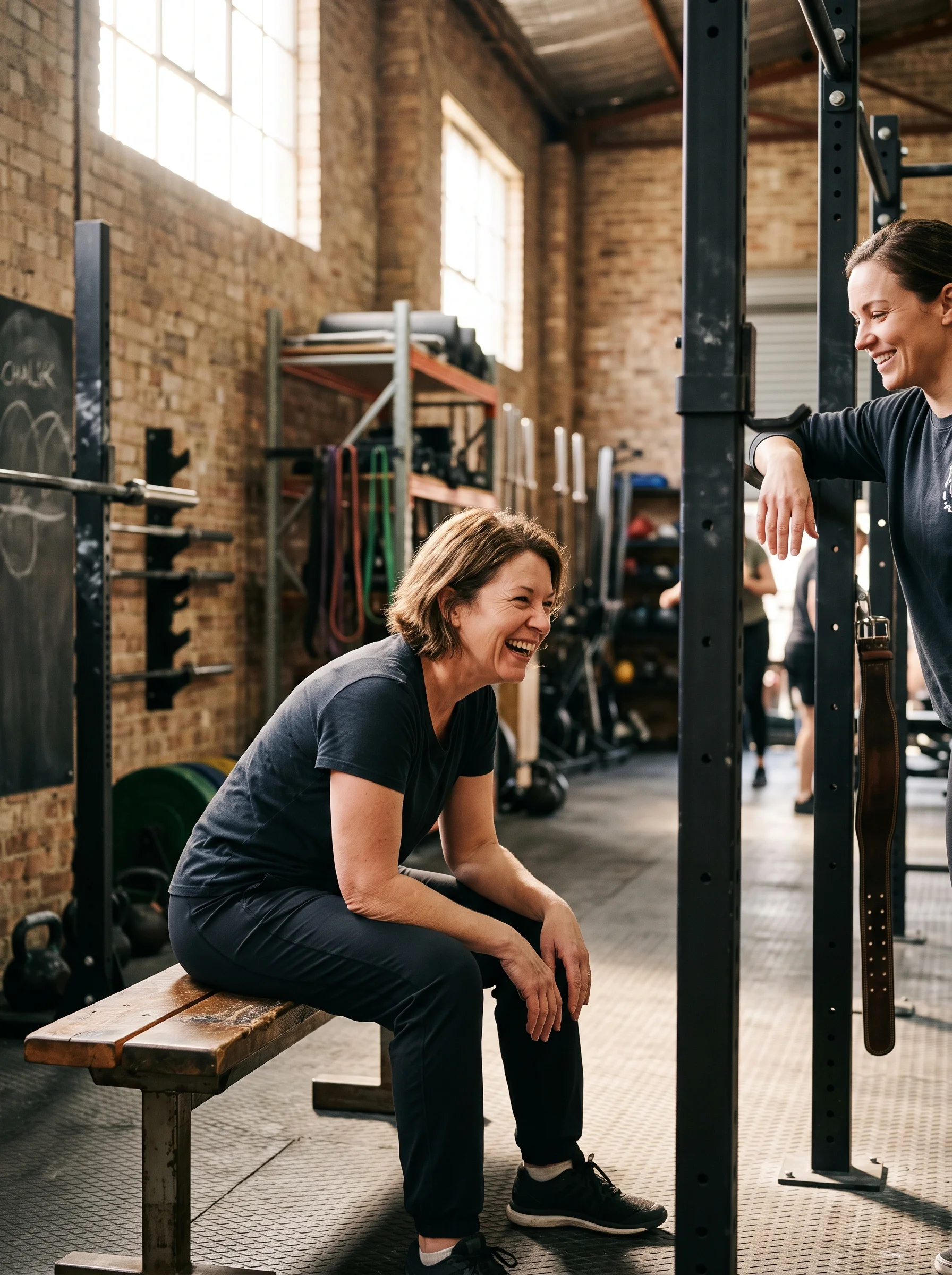 Claire sitting on the end of a bench between sets, laughing, with Ailsa leaning against the rack beside her