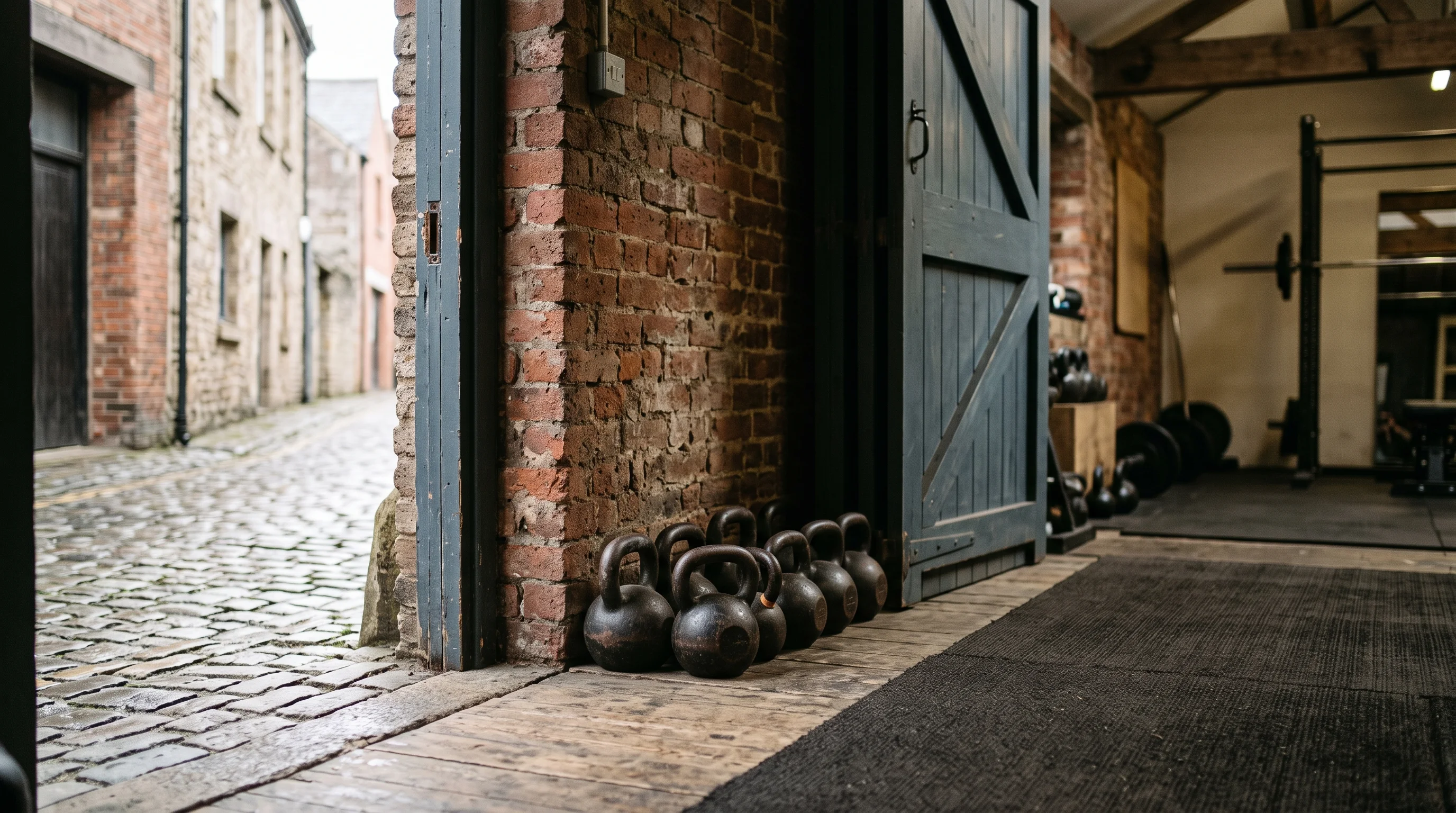 The studio's wooden door standing slightly open onto a cobbled lane, daylight across the floor and a row of kettlebells along the wall