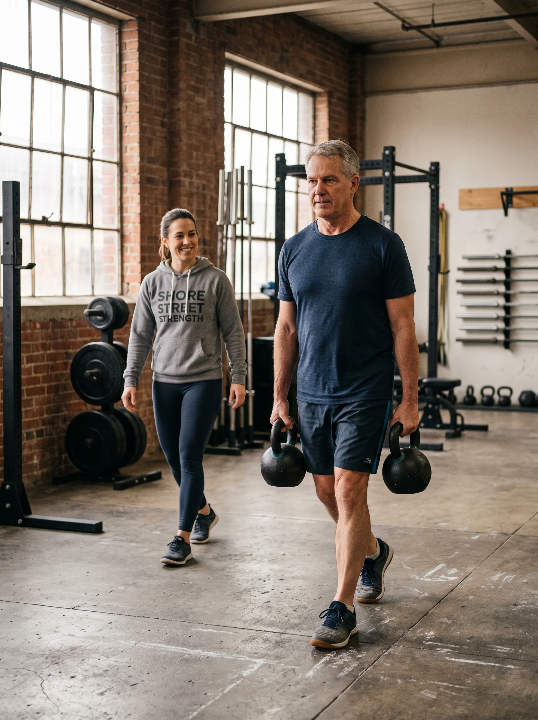 Tom walking across the studio with a kettlebell in each hand, Rory a pace behind him saying something