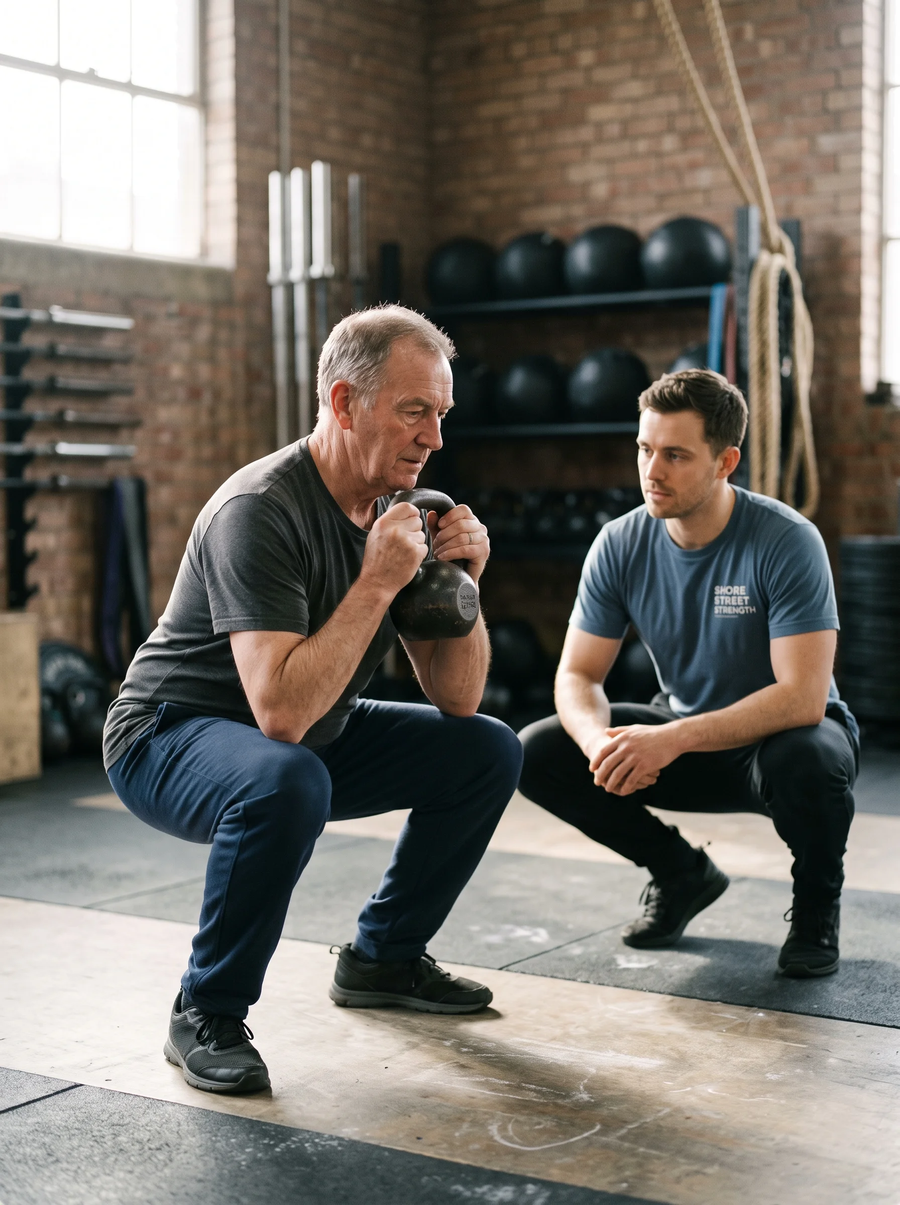 Rory crouched a pace to the side of a client partway into a goblet squat, watching his knee