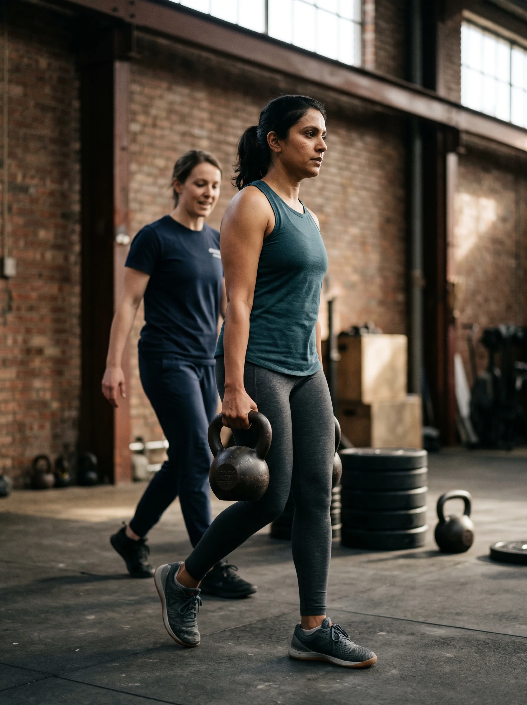 Priya carrying a kettlebell across the studio floor, smiling, with Ailsa walking half a step behind her