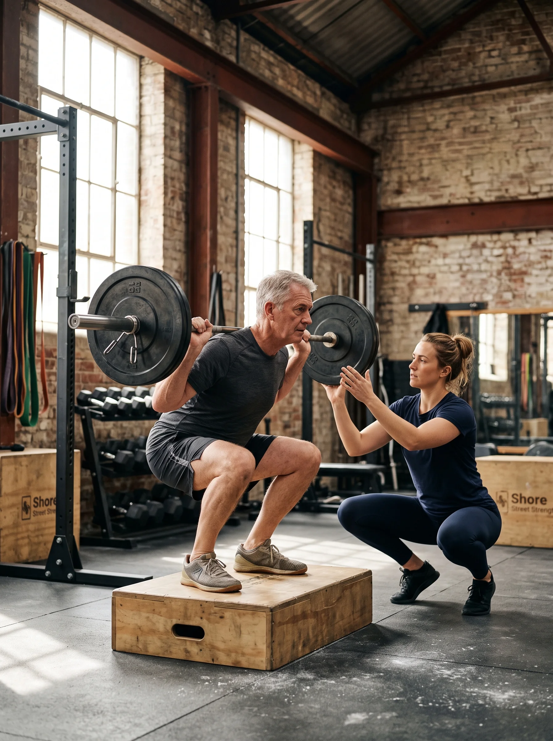 Donnie sitting back onto a wooden box in a squat, with Rory crouched beside him at the edge of the frame
