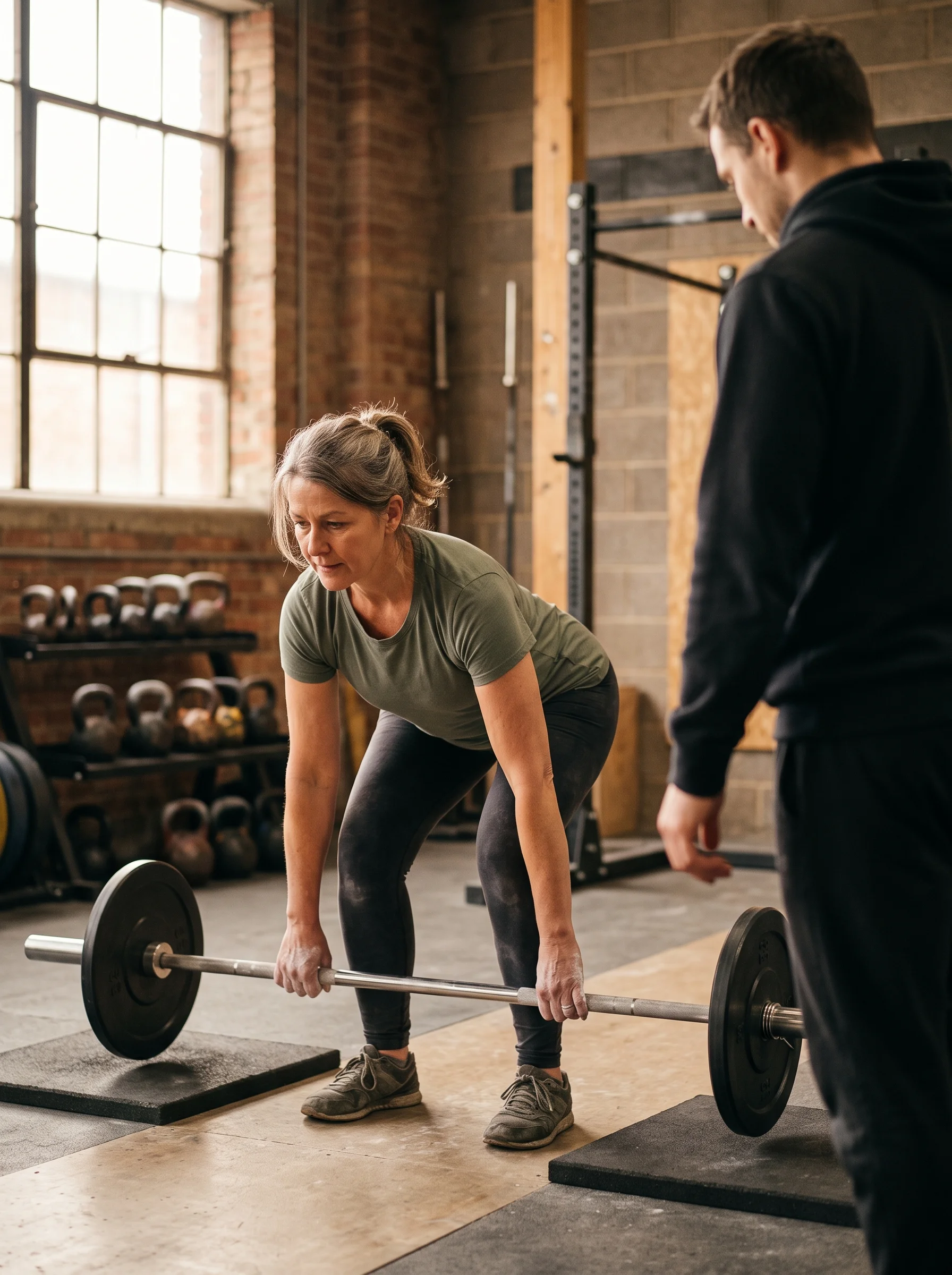 A mature woman in a gym setting up to lift a barbell while a trainer stands nearby.