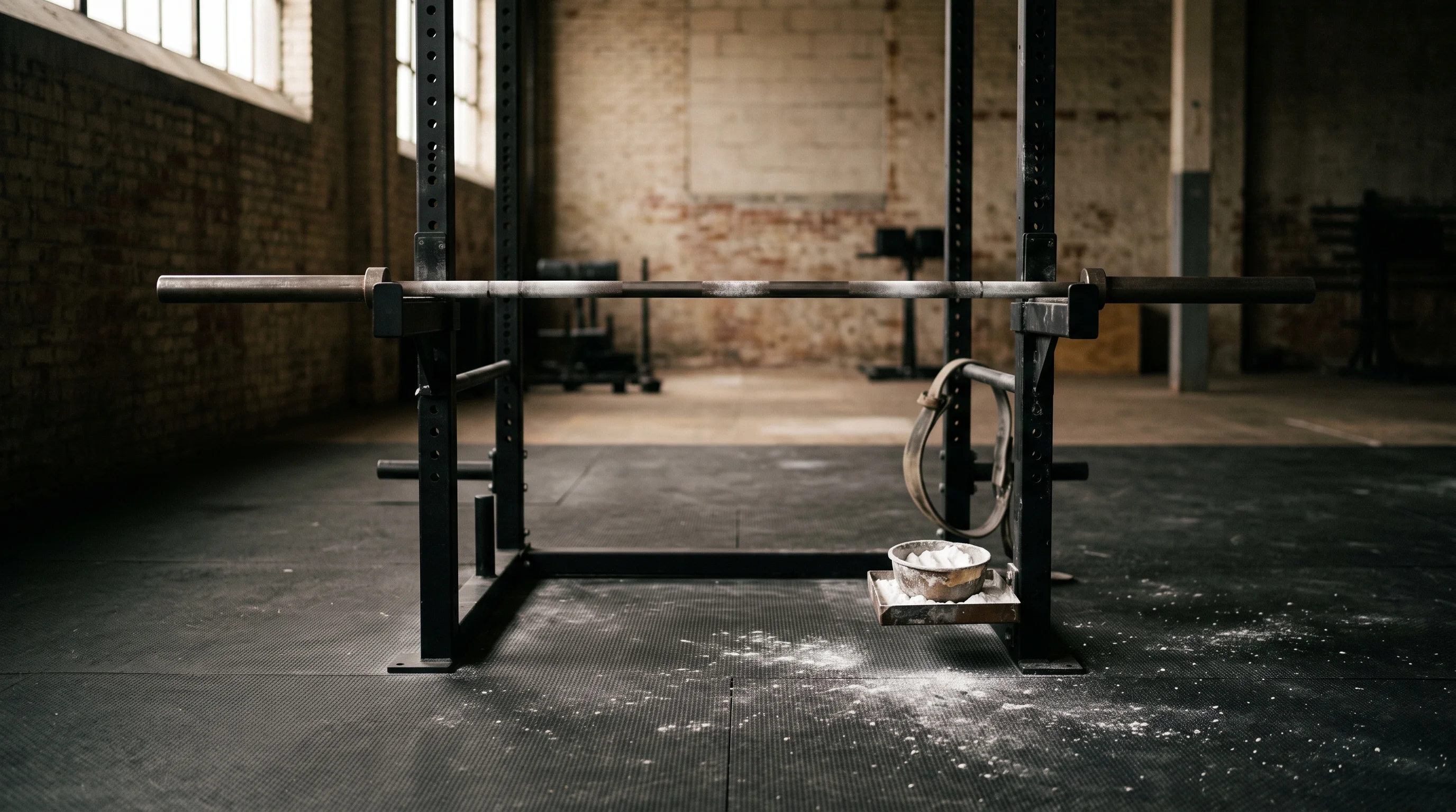 Low window light across an empty barbell in the rack, chalk dust on the rubber floor beneath it