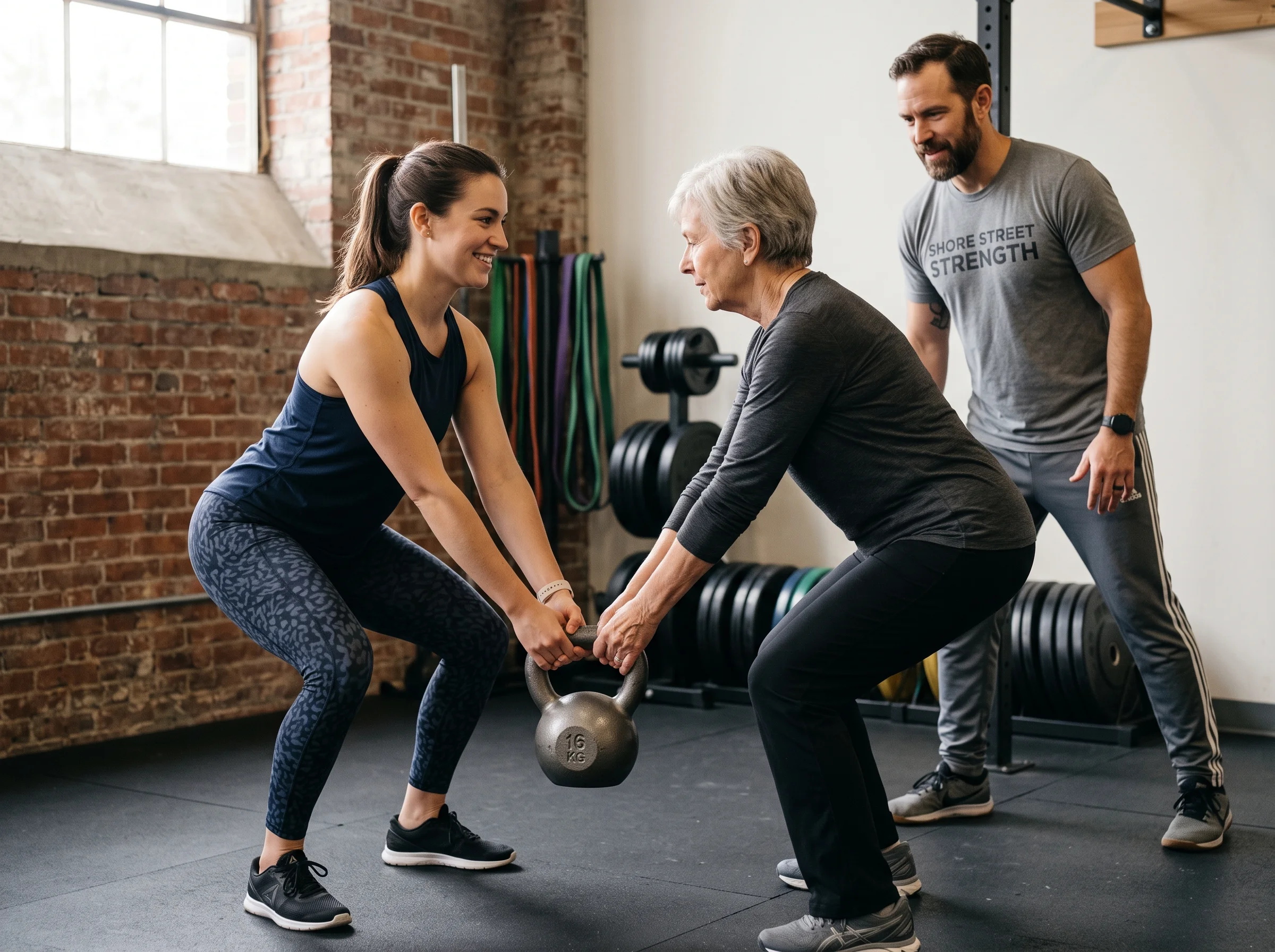 Morag mid-squat with a kettlebell at her chest while her daughter Eilidh leans in grinning beside her, Ailsa watching a step behind